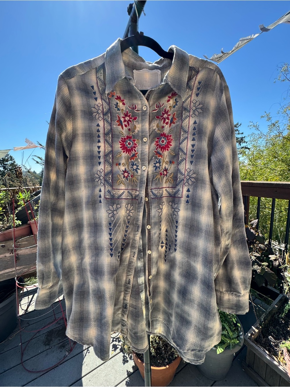 Johnny Was Embroidered Gray Plaid Button-Up Shirt